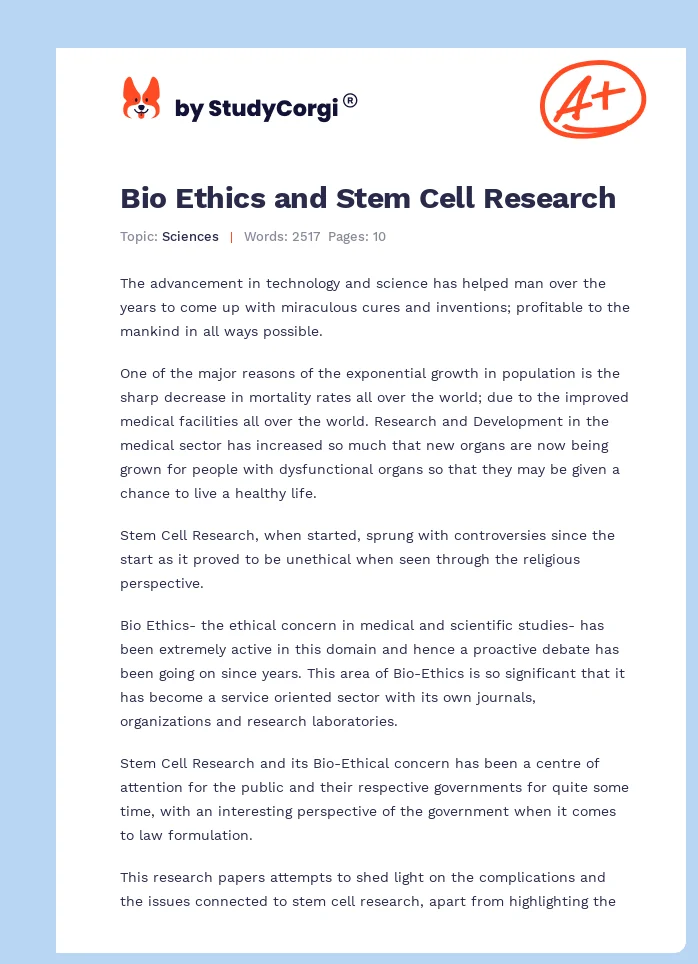 Bio Ethics and Stem Cell Research. Page 1