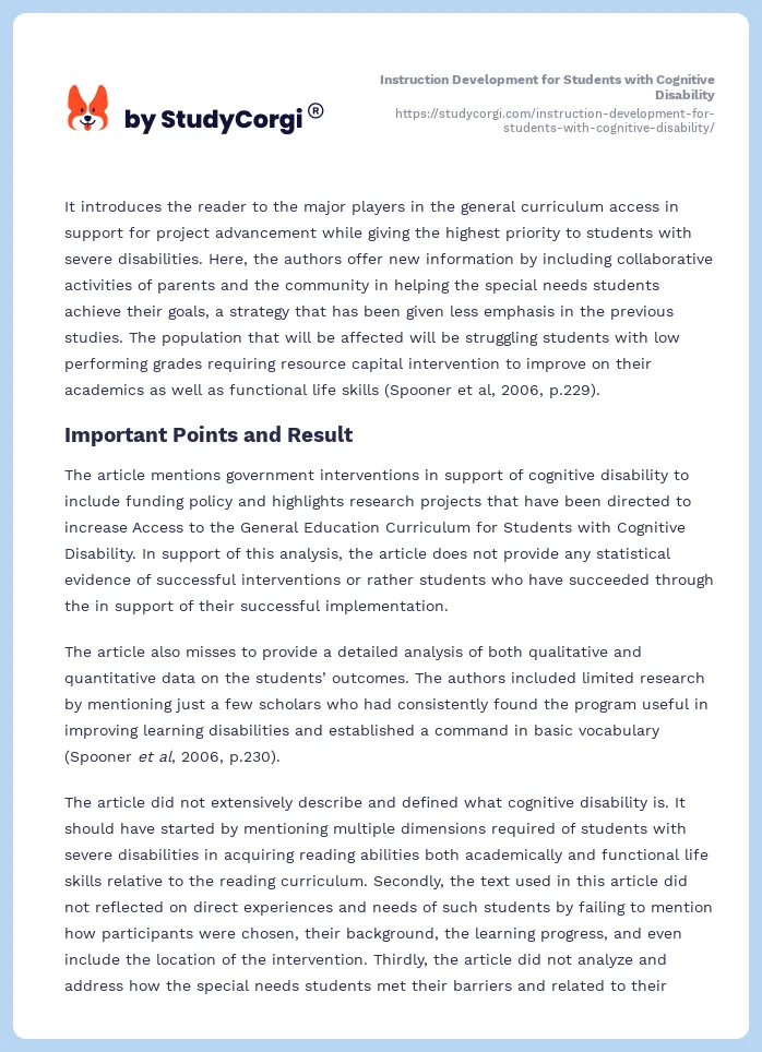 Instruction Development for Students with Cognitive Disability. Page 2
