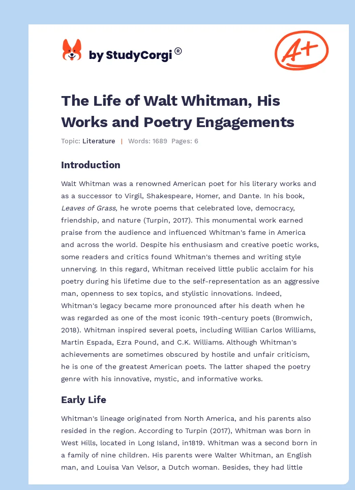 The Life of Walt Whitman, His Works and Poetry Engagements. Page 1