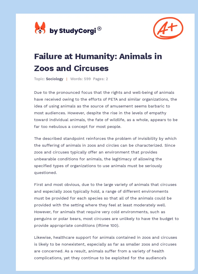 Failure at Humanity: Animals in Zoos and Circuses. Page 1