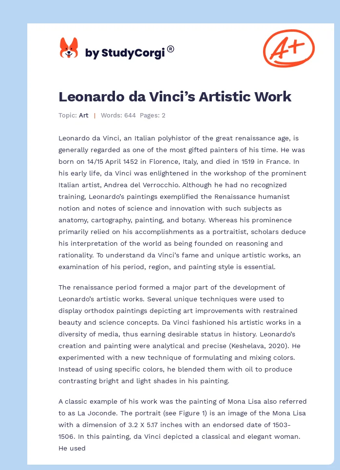 Leonardo da Vinci’s Artistic Work. Page 1