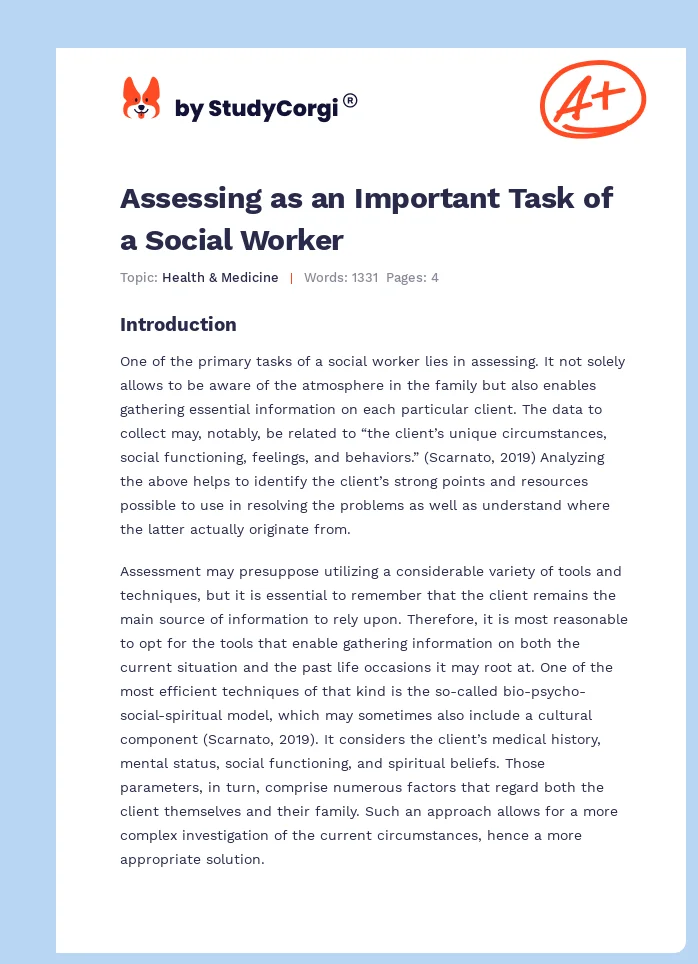 Assessing as an Important Task of a Social Worker. Page 1