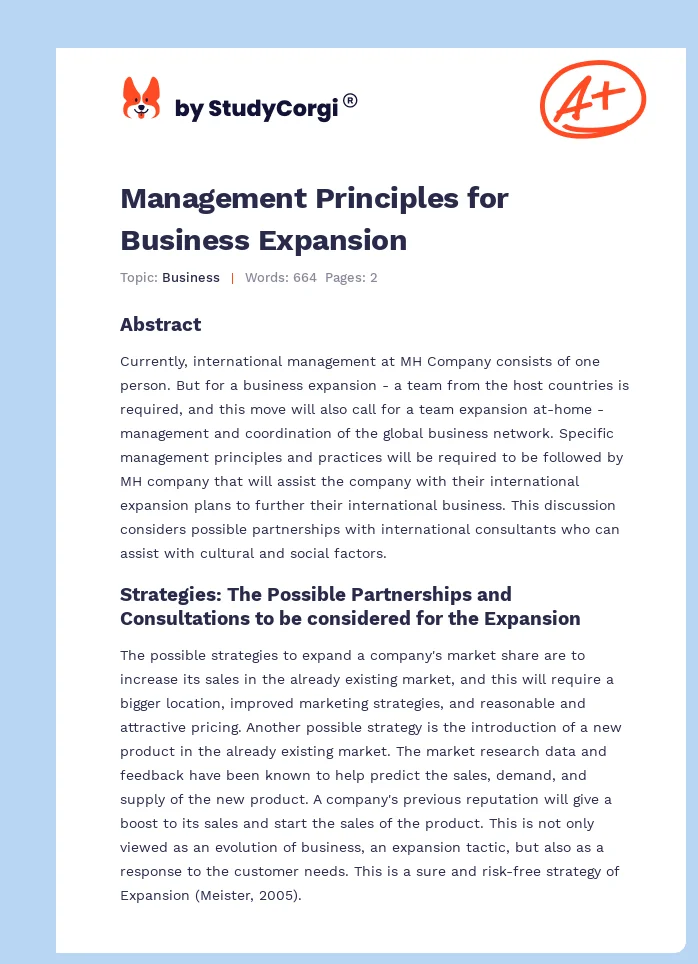 Management Principles for Business Expansion. Page 1