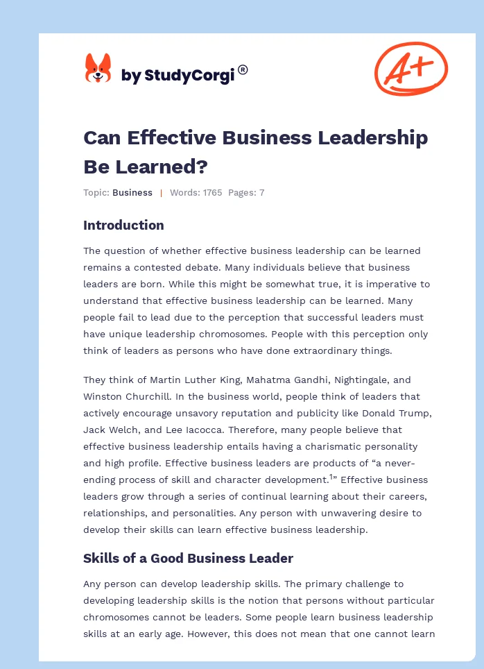 Can Effective Business Leadership Be Learned?. Page 1