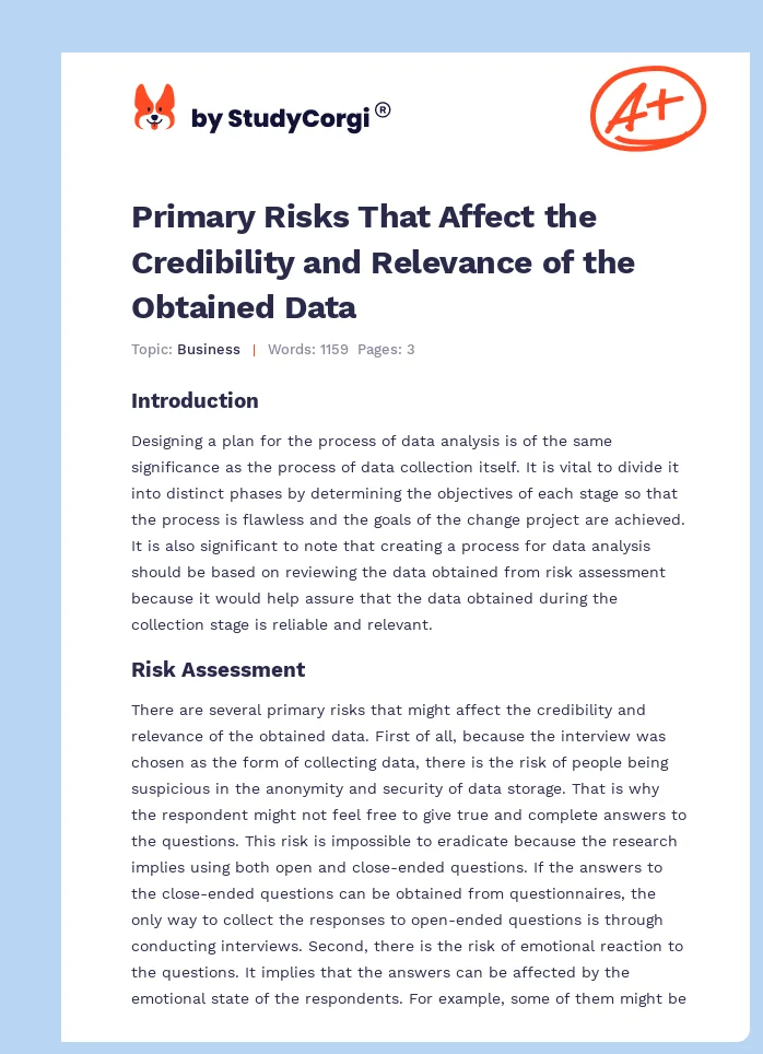 Primary Risks That Affect the Credibility and Relevance of the Obtained Data. Page 1