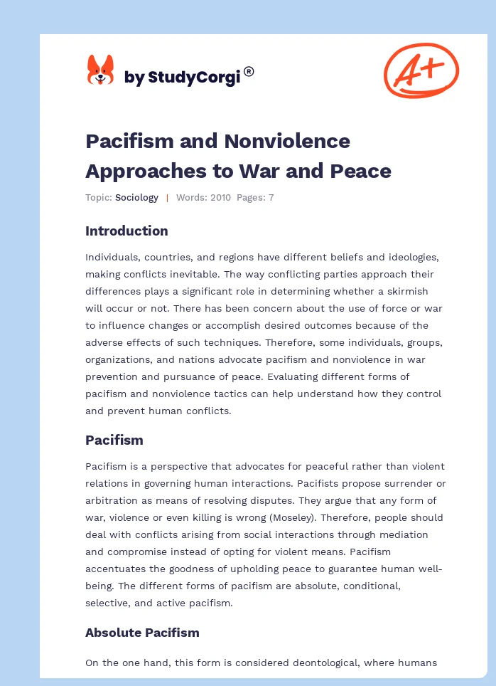 Pacifism and Nonviolence Approaches to War and Peace. Page 1