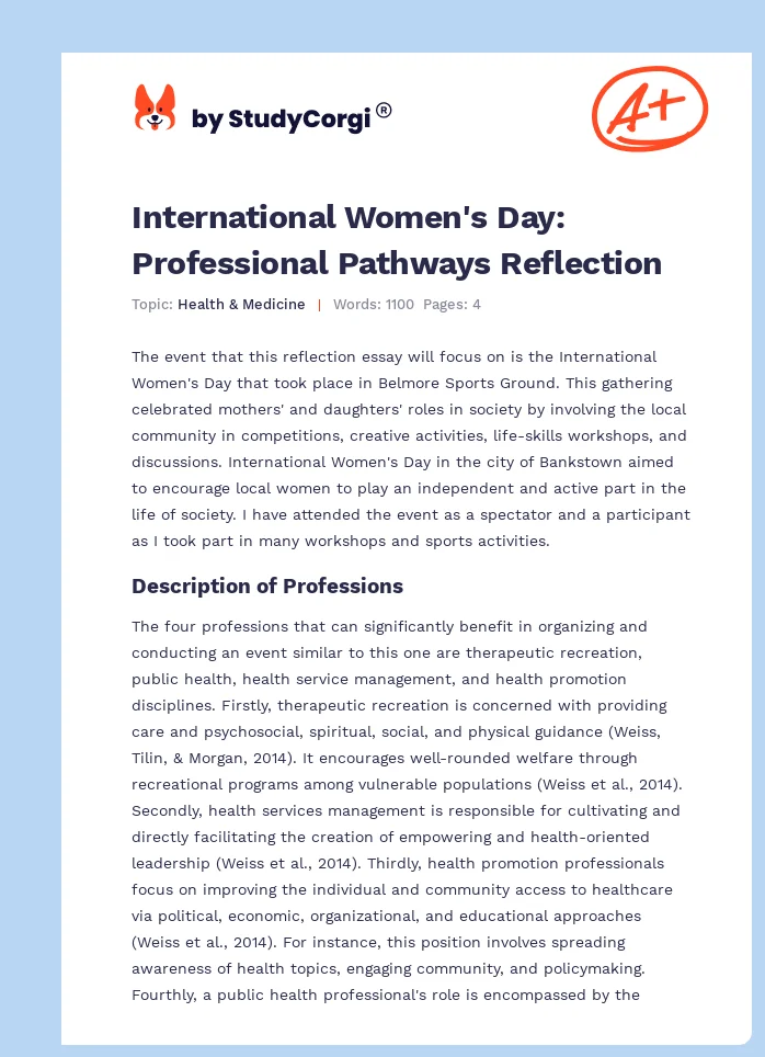 International Women's Day: Professional Pathways Reflection. Page 1