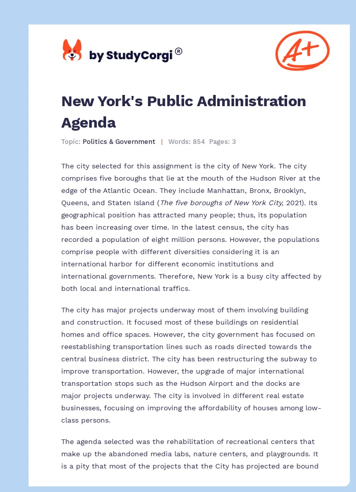New York's Public Administration Agenda. Page 1