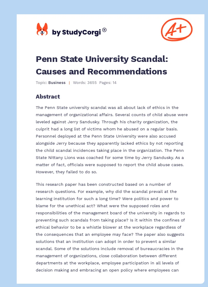 Penn State University Scandal: Causes and Recommendations. Page 1