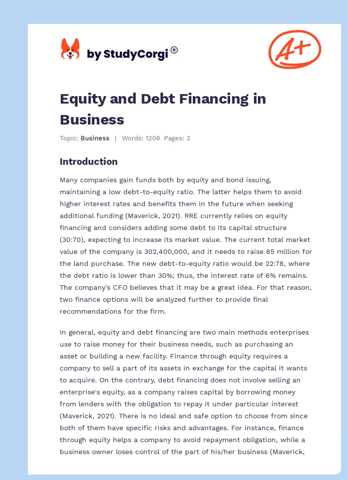 Equity and Debt Financing in Business. Page 1