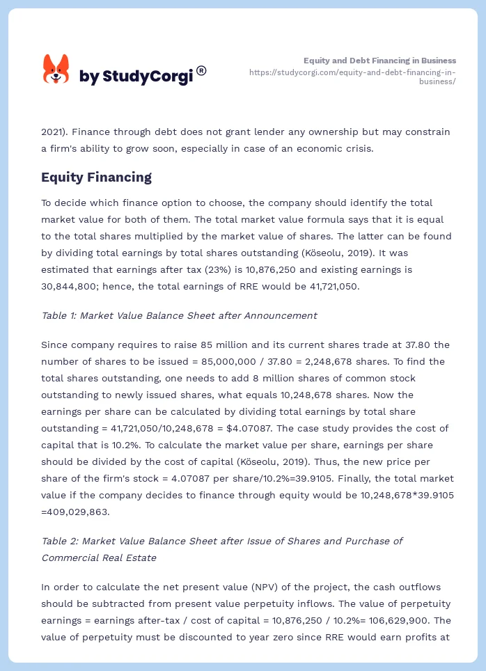 Equity and Debt Financing in Business. Page 2
