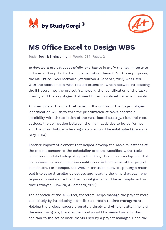 MS Office Excel to Design WBS. Page 1