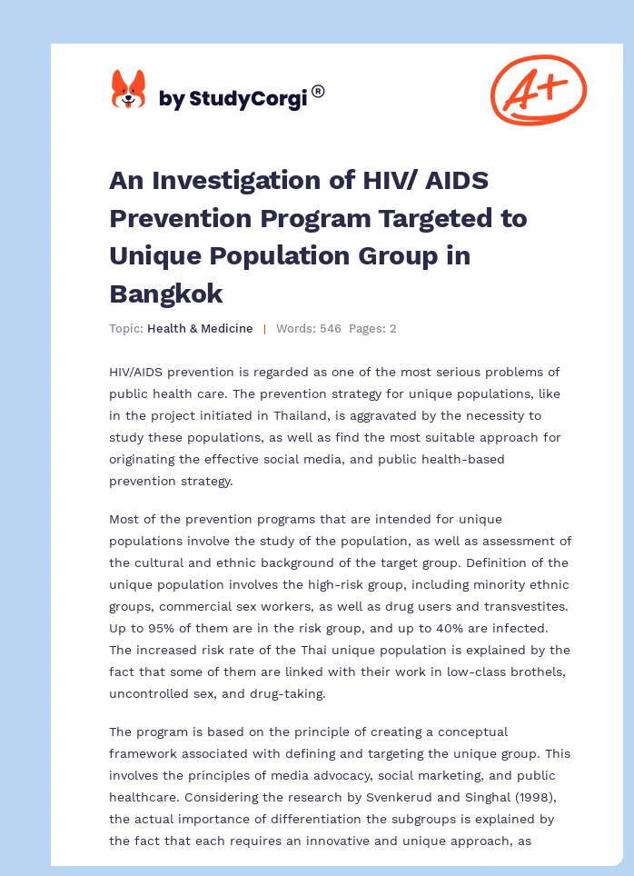 An Investigation of HIV/ AIDS Prevention Program Targeted to Unique Population Group in Bangkok. Page 1