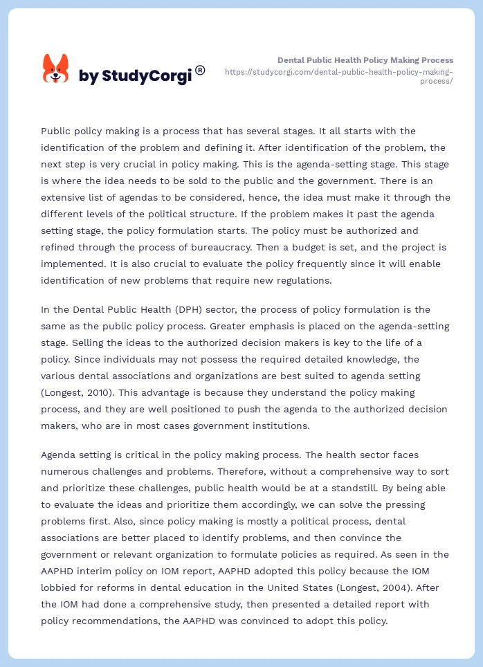 Dental Public Health Policy Making Process. Page 2