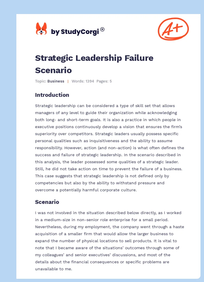 Strategic Leadership Failure Scenario. Page 1
