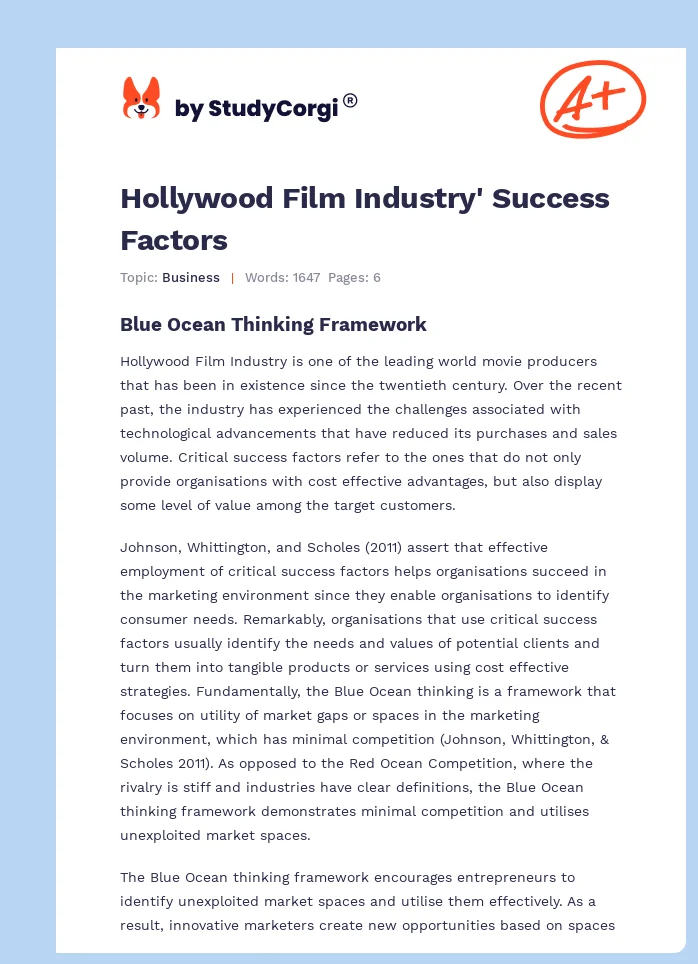 Hollywood Film Industry' Success Factors. Page 1