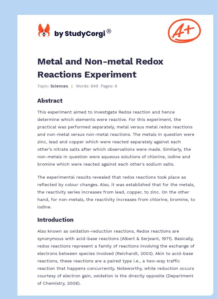 Metal and Non-metal Redox Reactions Experiment. Page 1