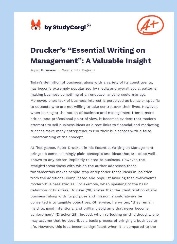 Drucker’s “Essential Writing on Management”: A Valuable Insight. Page 1