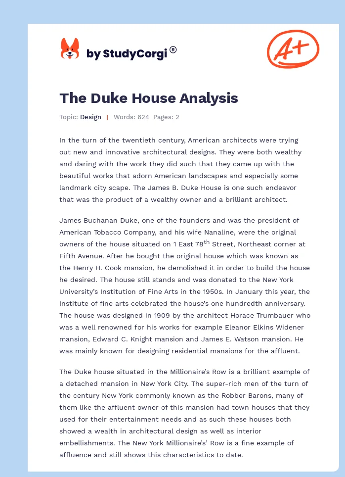 The Duke House Analysis. Page 1