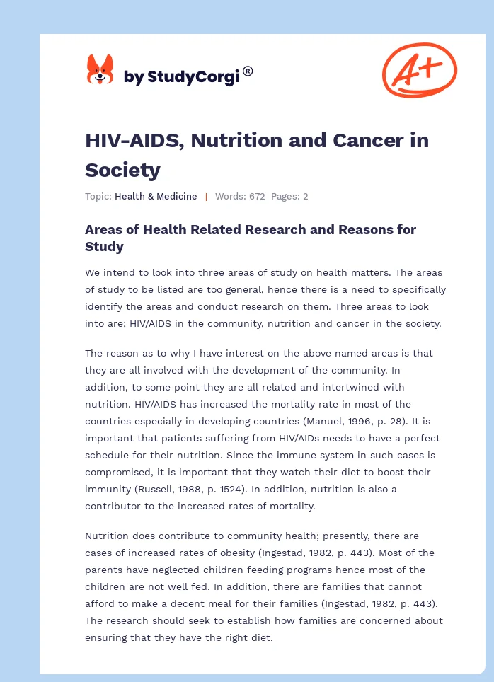 HIV-AIDS, Nutrition and Cancer in Society. Page 1