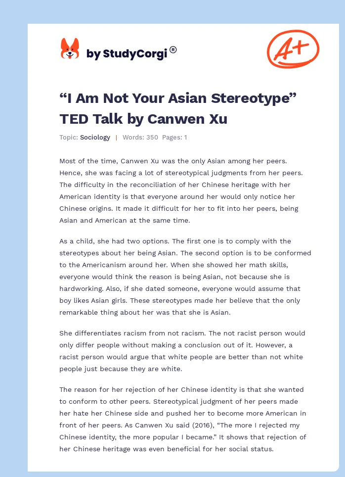 “I Am Not Your Asian Stereotype” TED Talk by Canwen Xu. Page 1