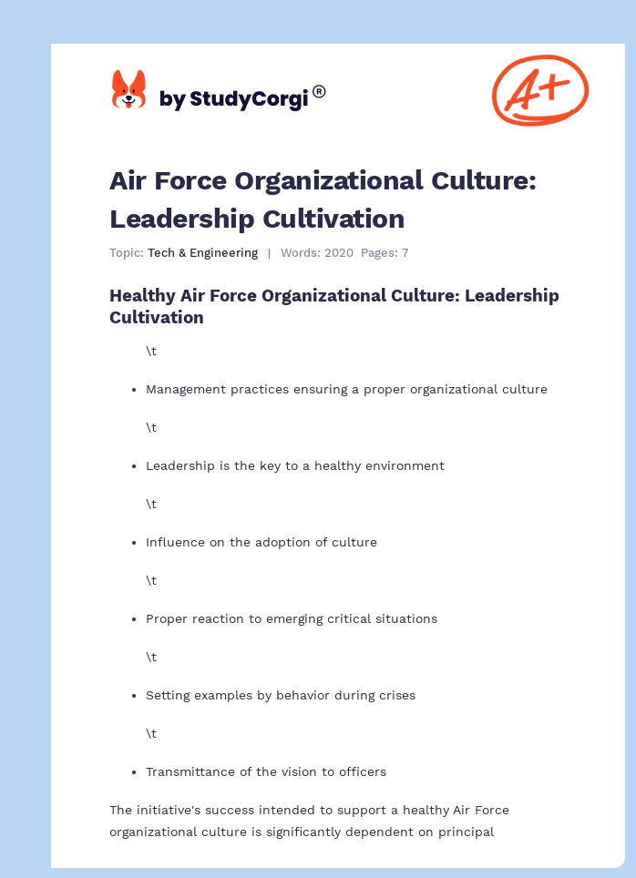 Air Force Organizational Culture: Leadership Cultivation. Page 1