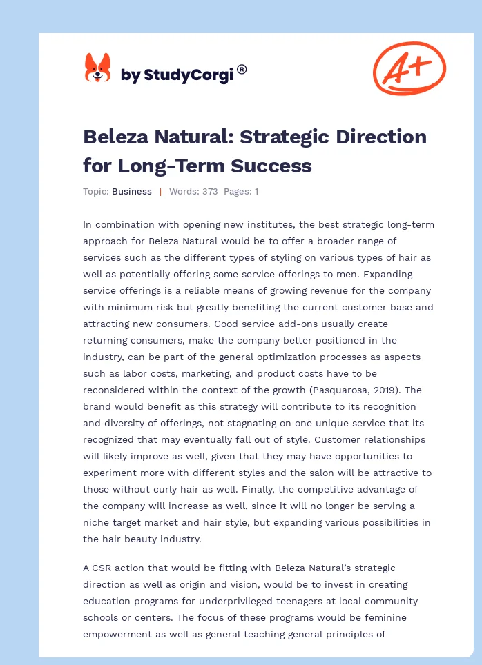 Beleza Natural: Strategic Direction for Long-Term Success. Page 1