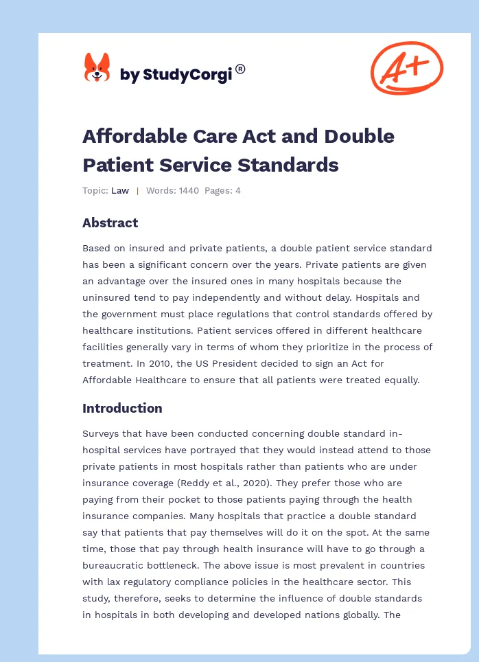 Affordable Care Act and Double Patient Service Standards. Page 1