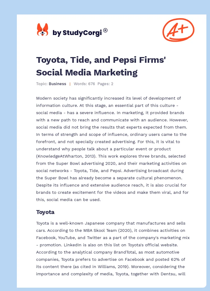 Toyota, Tide, and Pepsi Firms' Social Media Marketing. Page 1