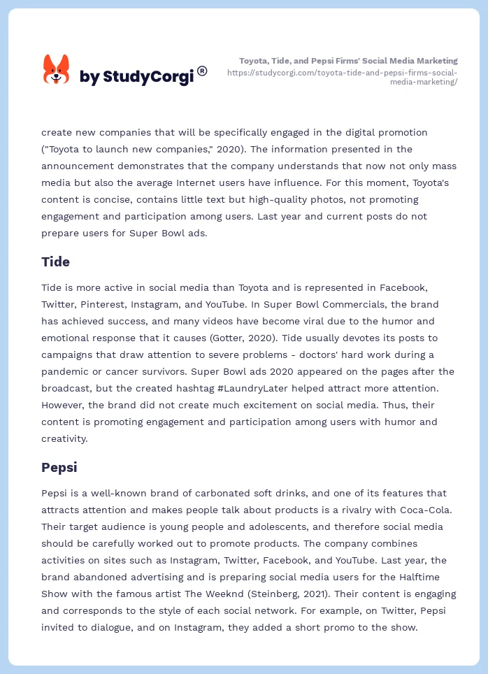 Toyota, Tide, and Pepsi Firms' Social Media Marketing. Page 2