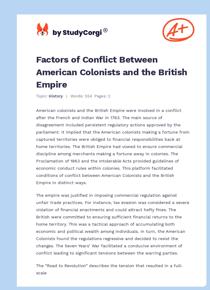 Factors of Conflict Between American Colonists and the British Empire. Page 1