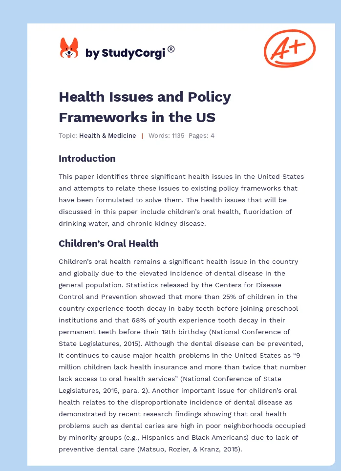 Health Issues and Policy Frameworks in the US. Page 1