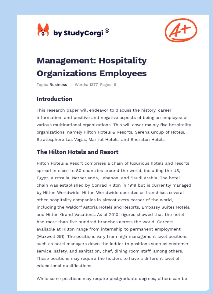 Management: Hospitality Organizations Employees. Page 1