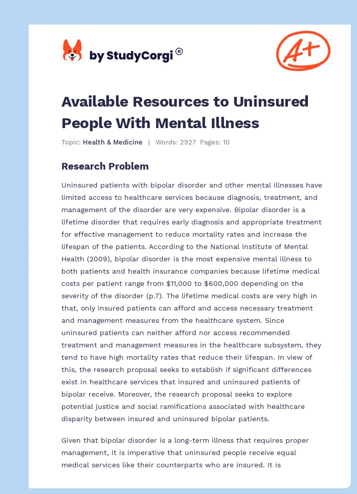 Available Resources to Uninsured People With Mental Illness. Page 1