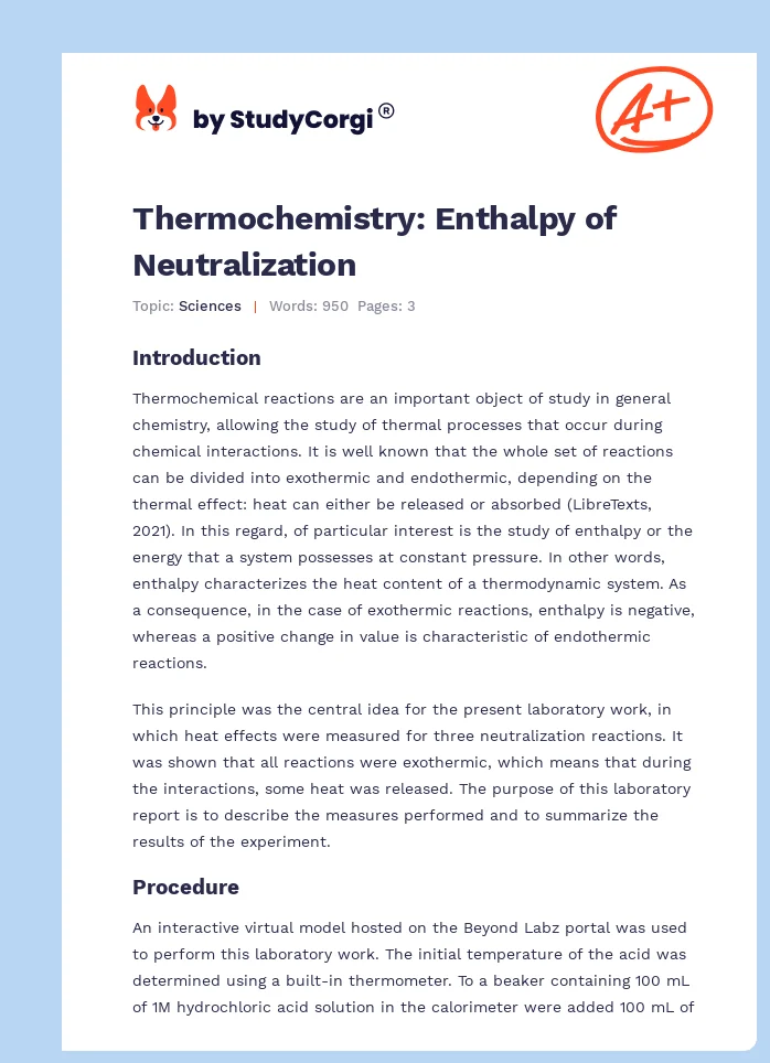 Thermochemistry: Enthalpy of Neutralization. Page 1