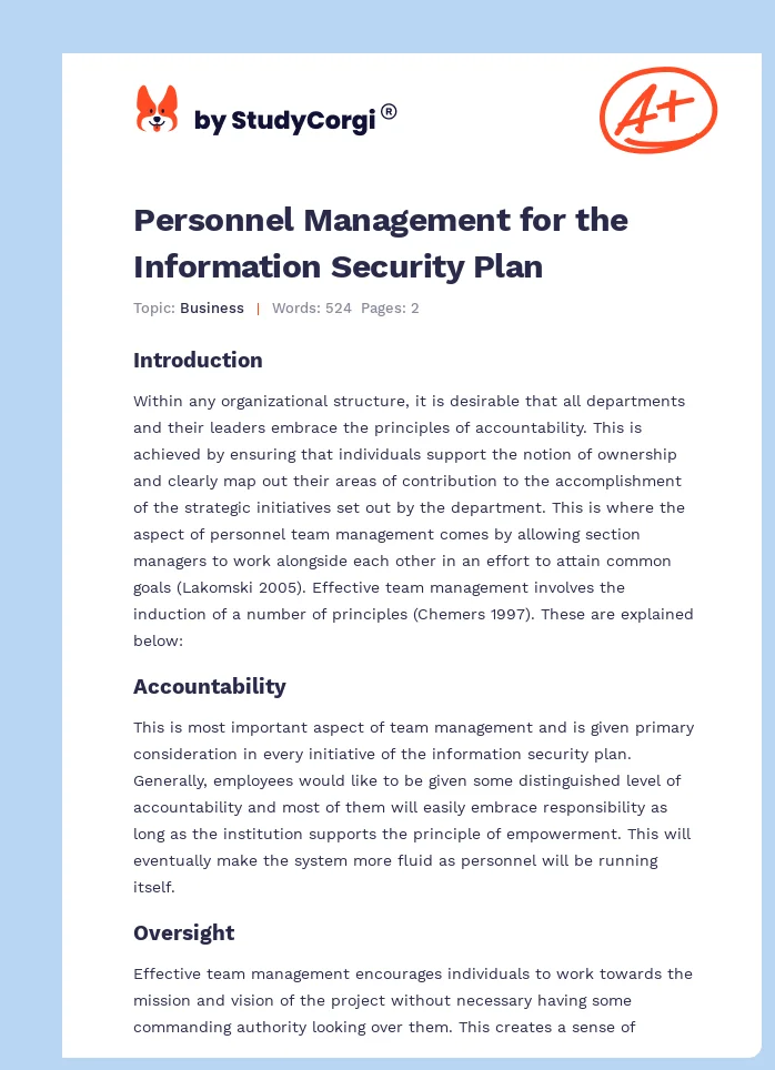 Personnel Management for the Information Security Plan. Page 1