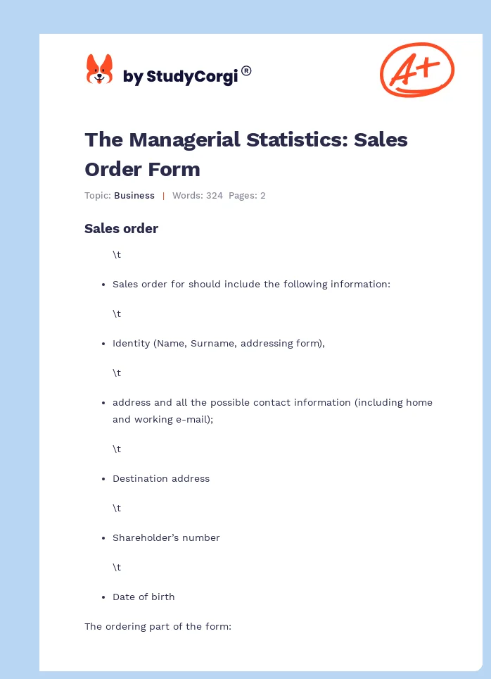 The Managerial Statistics: Sales Order Form. Page 1