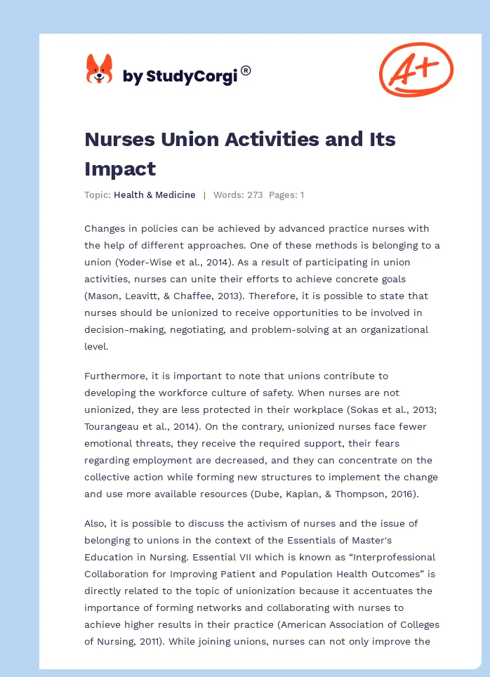Nurses Union Activities and Its Impact. Page 1