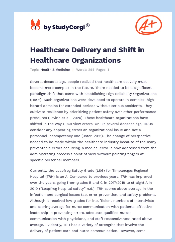 Healthcare Delivery and Shift in Healthcare Organizations. Page 1
