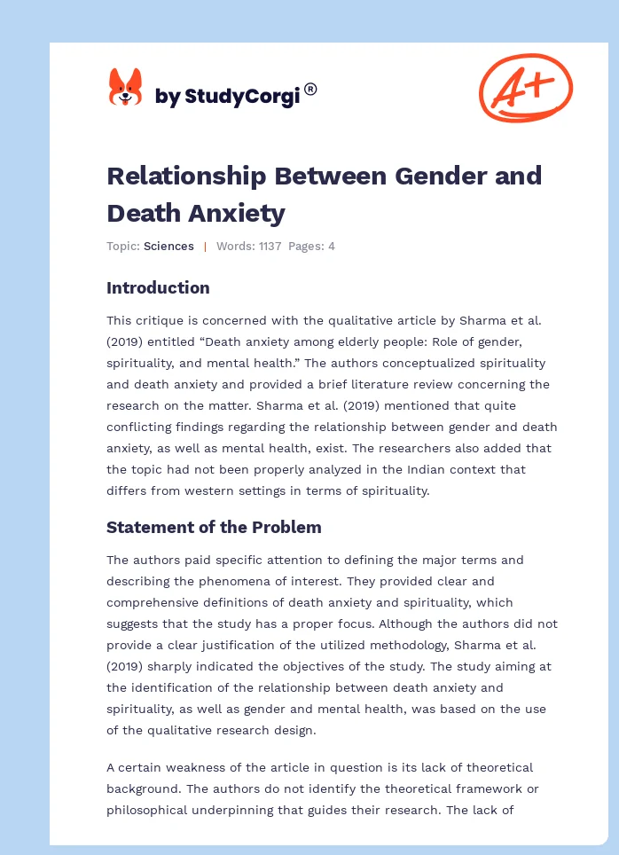 Relationship Between Gender and Death Anxiety. Page 1