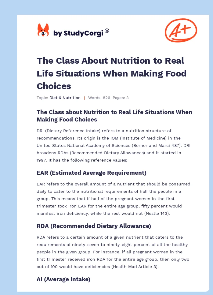 The Class About Nutrition to Real Life Situations When Making Food Choices. Page 1