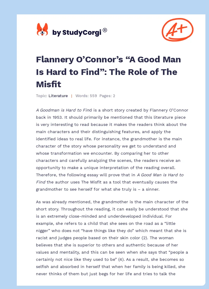 Flannery O’Connor’s “A Good Man Is Hard to Find”: The Role of The Misfit. Page 1