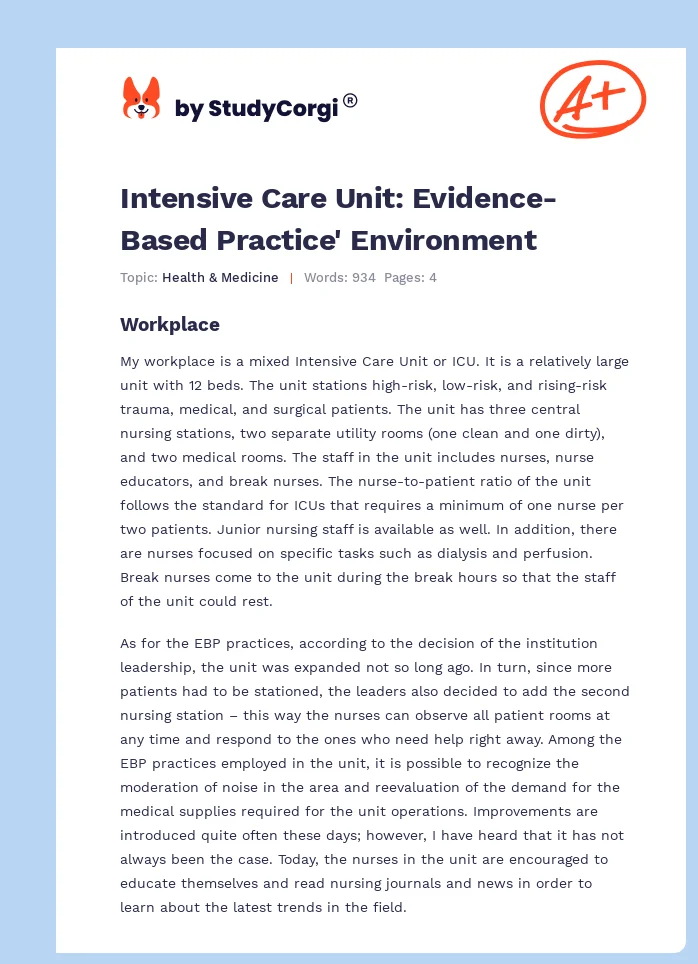 Intensive Care Unit: Evidence-Based Practice' Environment. Page 1