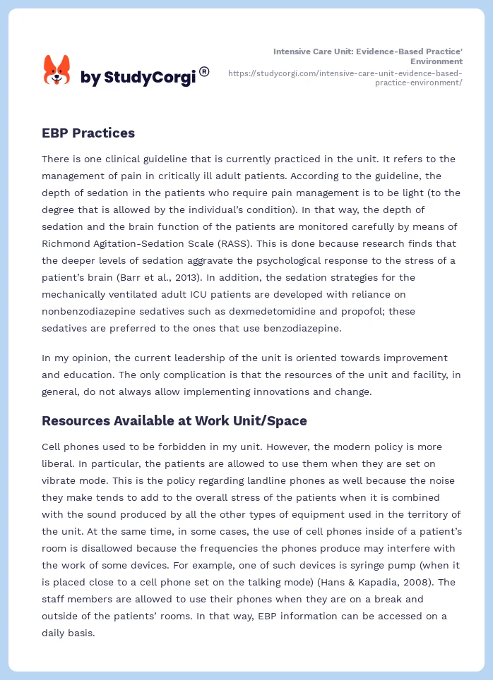 Intensive Care Unit: Evidence-Based Practice' Environment. Page 2