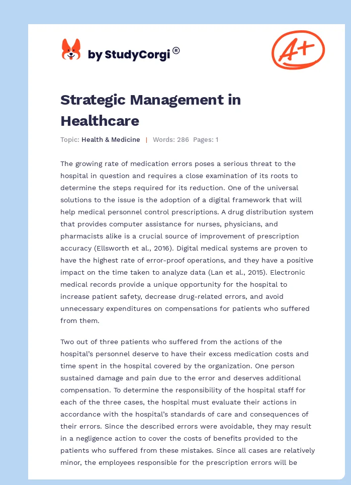 Strategic Management in Healthcare. Page 1
