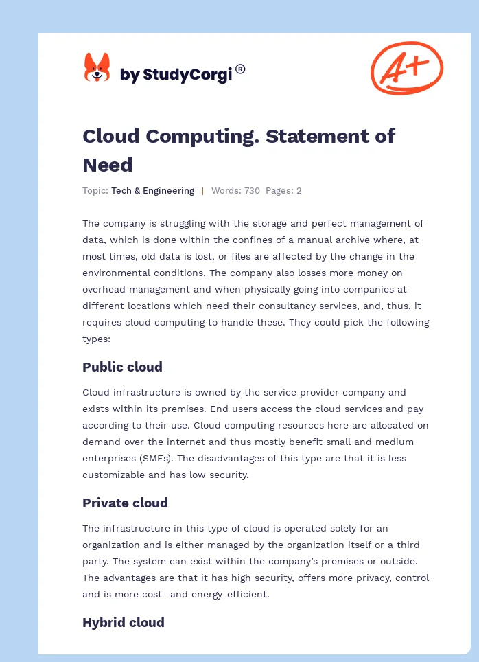 Cloud Computing. Statement of Need. Page 1