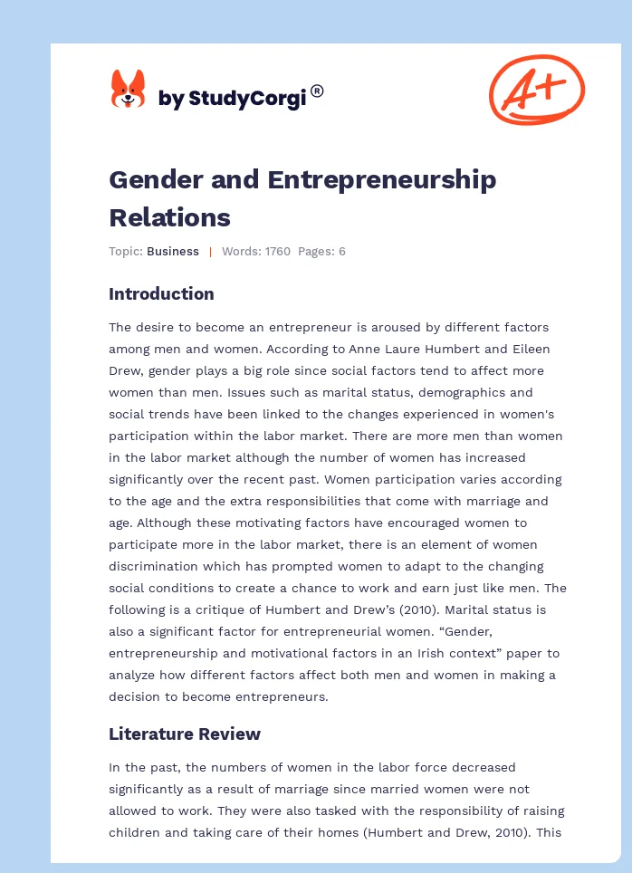 Gender and Entrepreneurship Relations. Page 1
