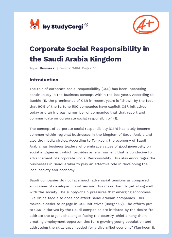 Corporate Social Responsibility in the Saudi Arabia Kingdom. Page 1