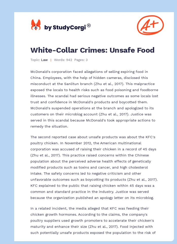 White-Collar Crimes: Unsafe Food. Page 1