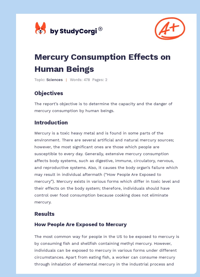 Mercury Consumption Effects on Human Beings. Page 1